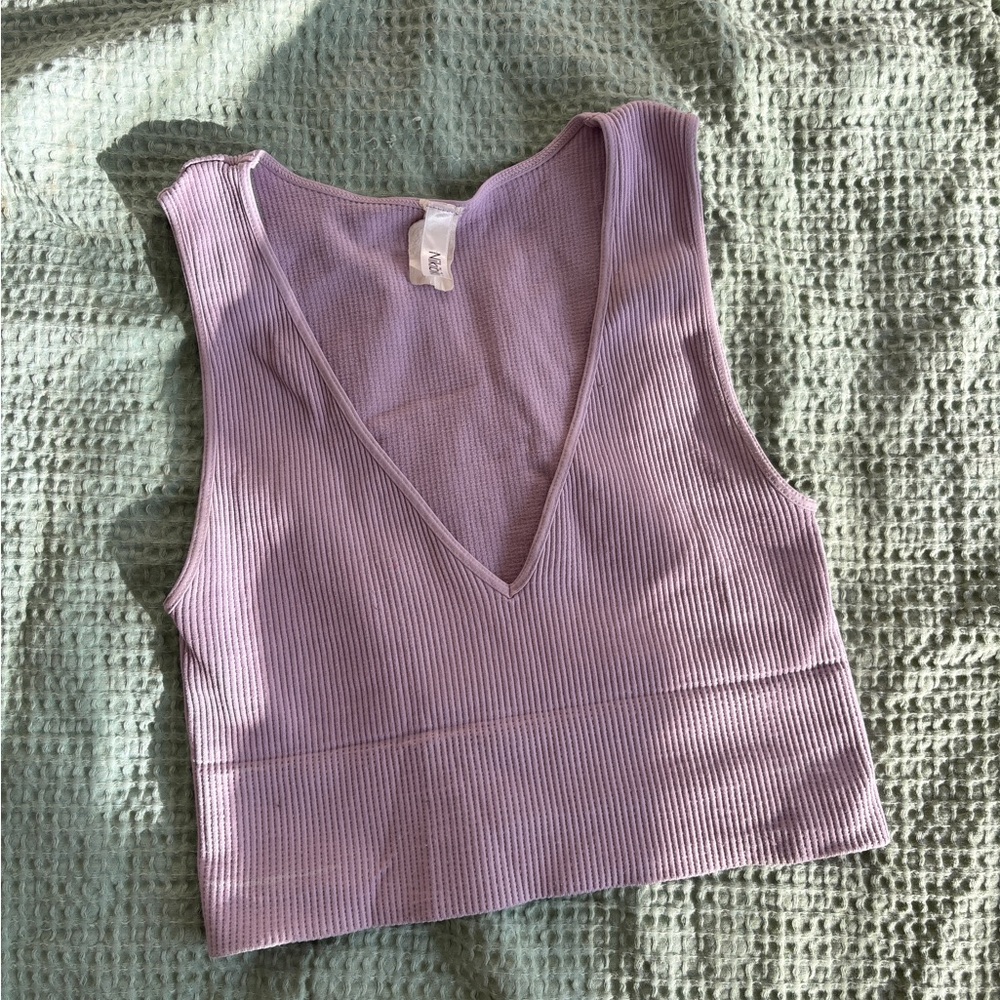 Lilac Ribbed V-Neck Crop Top
